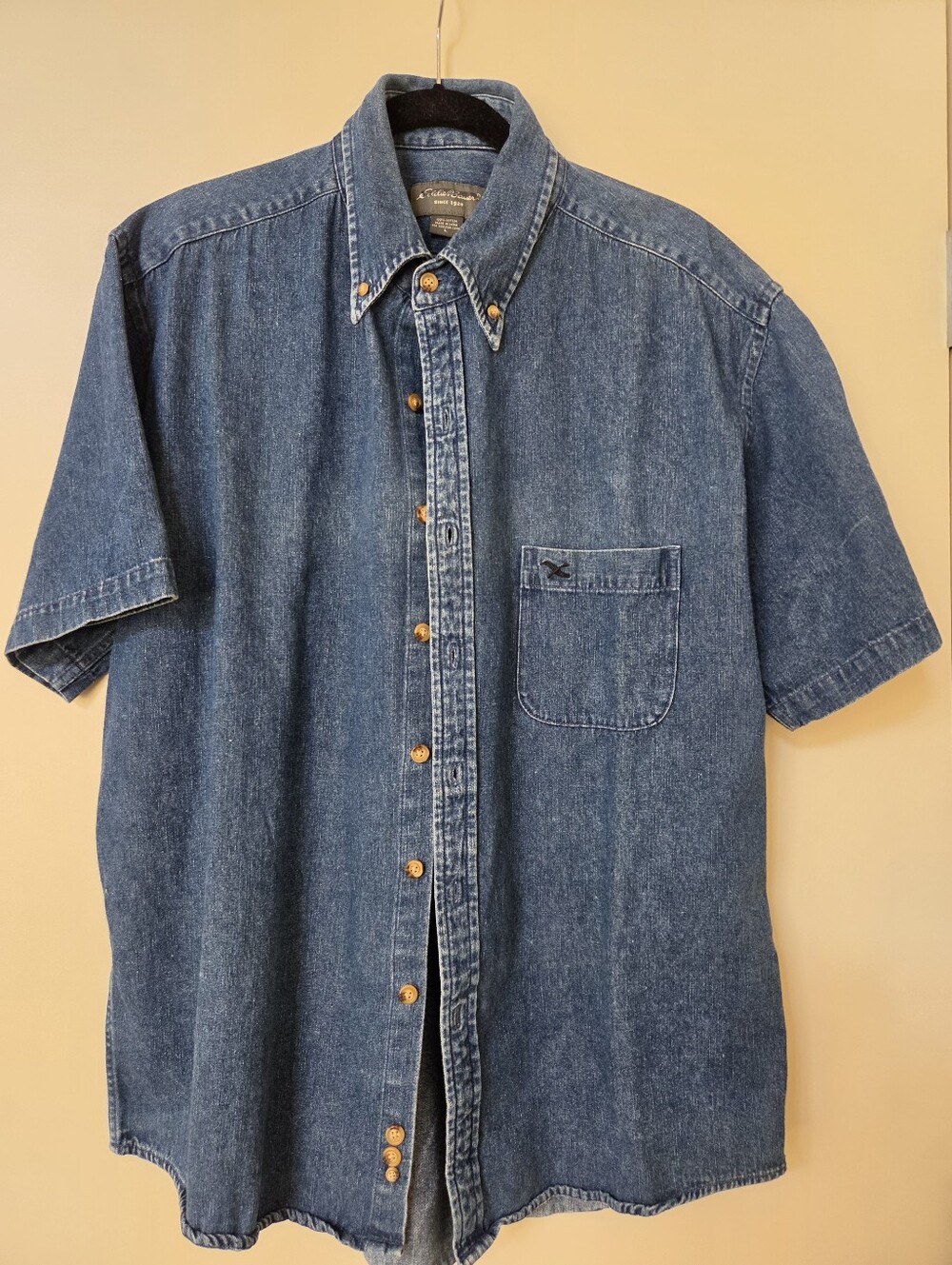 Vintage Eddie Bauer Short Sleeve Denim Button Down Shirt Blue Men's Large